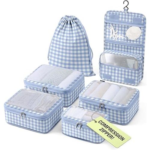 Vandel Space-Saving Compression Packing Cubes for Women with Hanging Toiletry Bag, Laundry Bag, Compressible Carry On Suit Case Organizer Luggage Packing Cubes for Travel Compression Organizer Bags
