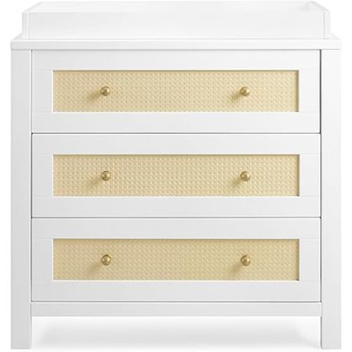Simmons Kids Theo 3 Drawer Dresser with Changing Top and Interlocking Drawers, Bianca White/Textured Almond