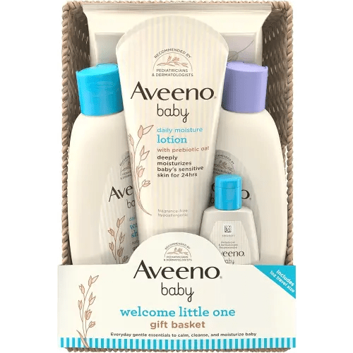 Aveeno Baby Welcome Little One Gift Basket, Baby Skincare Set with Nourishing Baby Body Wash & Shampoo, Calming Bath Wash, All Over Baby Wipes, & Daily Moisturizing Lotion, 5 Items