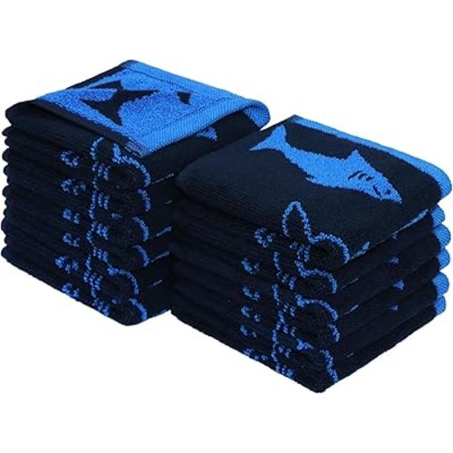 ORIGINAL KIDS Wash Cloth - Bath Time Shark Attack Set of 12 Washcloths - 100% Cotton Jacquard Super Soft Colorful Absorbent Quick Dry Easy Care Face Towel Face Cloth Gift - 12 x 12 - Navy Blue