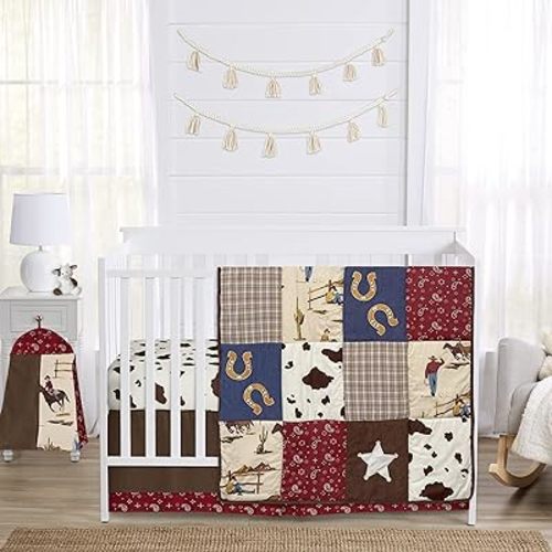 Sweet Jojo Designs Tan Brown Western Cowboy Boy Baby Crib Bedding Set Infant Nursery Room Quilt Fitted Sheet Skirt Diaper Stacker - 5pc - Red Southern Country Chocolate Blue and White Wild West Horse