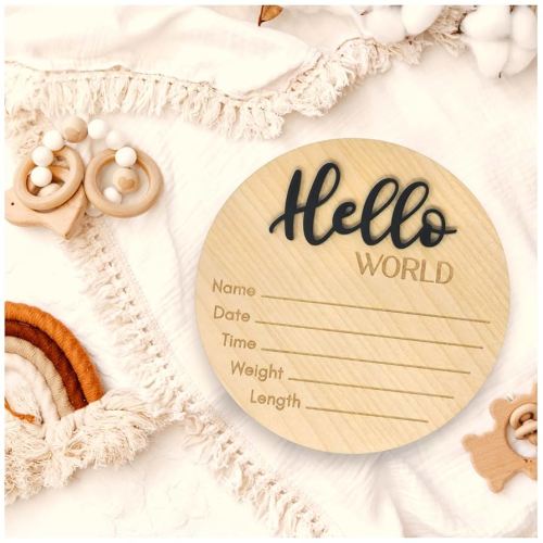 Bleed Proof Engineered Wood, Hello World Newborn Sign, Baby Announcement Sign, Newborn Announcement Sign, Birth Announcement Sign - 5.5" (Birch/Black/Round)