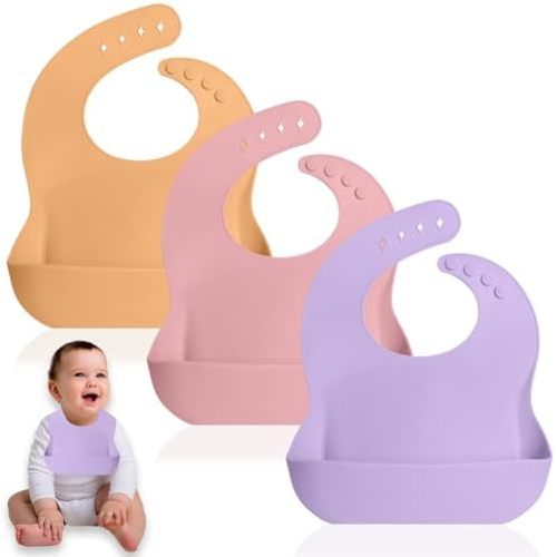 Set of 3 Waterproof Silicone Baby Bibs - BPA Free Silicone Baby Bib - Flexible and Soft
