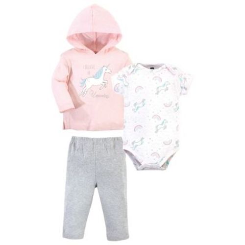 Hudson Baby Infant and Toddler Girl Cotton Hoodie, Bodysuit or Tee Top and Pant Set, Glitter Unicorn Baby, 9-12 Months