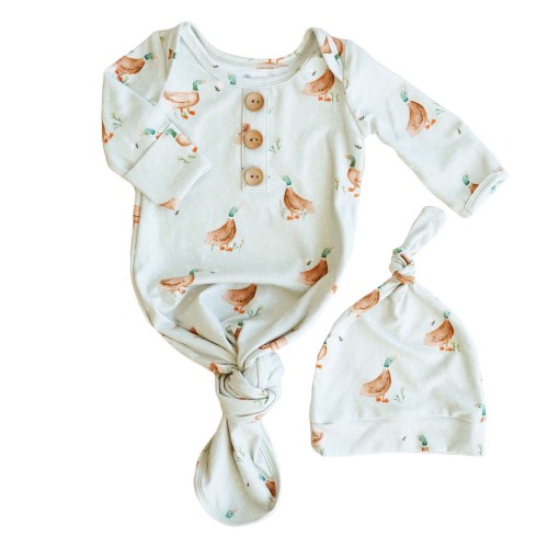 Lucky Ducky Newborn Baby Knot Gown & Hat Set