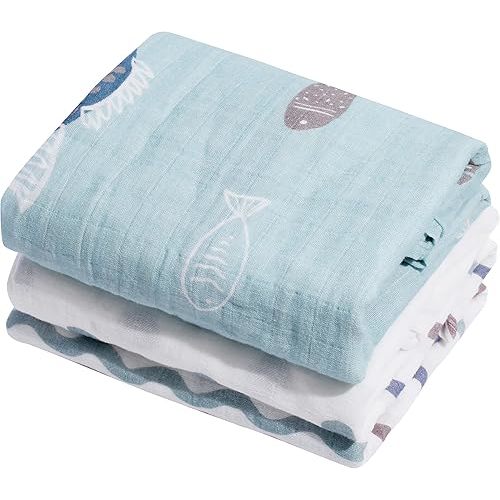 Muslin Baby Quilt 100% Cotton Newborn Blanket 47" X 47" 2 Layers Muslin Swaddle for Boy and Girl (Ocean Series)