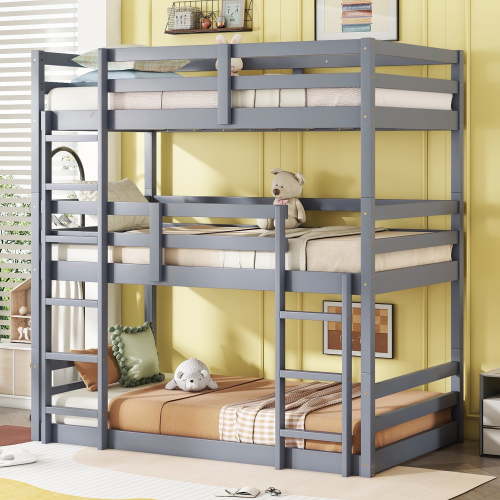 Bellemave Rubber Wood Twin Size Triple Bunk Bed Convertible 3 Bunk Bed with Ladders Kids Twin over Twin over Twin Bunk Bed Low Floor Bunk Bed Frame for Boys, Girls, Gray
