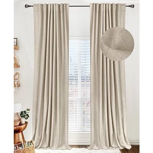100% Blackout Shield Linen Blackout Curtains for Bedroom 84 Inches Long, Back Tab/Rod Pocket Living Room Drapes, Thermal Insulated Blackout Curtains 2 Panels Set, 50" W x 84" L, Oatmeal