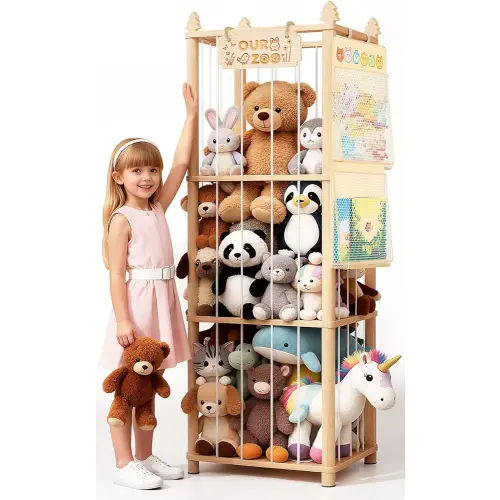 Stuffed Animal Storage with Hanging Bag, Extra Large Pine Wood Stuffed Animal Zoo Organizer Holder, Plushies Toy Storage Tower, Spacesave Toy Organizer Shelf for Toddler&Playroom, Nursery Decor-54 in
