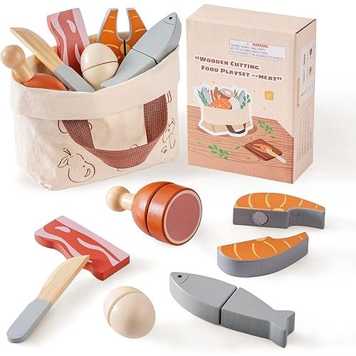 ROBOTIME Wooden Play Food Cutting Meat & Eggs Set, Pretend Play Toy Food for Play Kitchen with Shopping Bag – Kids Kitchen Accessories, Wooden Food Toys for Boys & Girls
