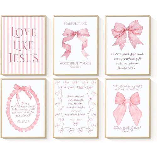 3 Piece Pink Bows Wall Art for Girls Room, Bible Verse Pictures Bathroom Decor, Coquette Posters Prints, Cute Teen Room Decoration, Dorm Decor for College, College Gifts for Girls 8x10 Inch