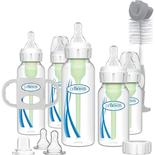 Dr. Brown's Natural Flow Anti-Colic Options+ Narrow Bottle to Sippy Gift Set with Soft Silicone Sippy Spout, Removable Silicone Handles, Travel Cap and Bottle Brush