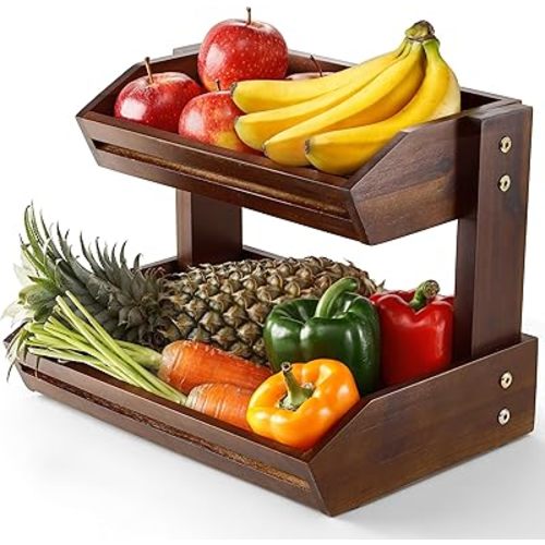 HOLANA Acacia Wood Fruit Basket - 2-Tier Fruit Bowl Wooden for Kitchen Counter, Extra Large 14x10x10.7 in, Fruteros Para Cocina Booth Display, Fruit and Vegetable Storage Stand Holder (Walnut)
