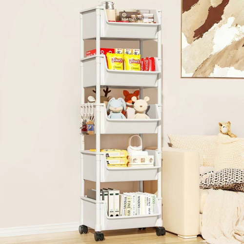 5-Tier Plastic Rolling Utility Cart, Multi-Functional Storage Trolley for Office, Living Room, Kitchen, Movable Storage Carts with Wheels, White