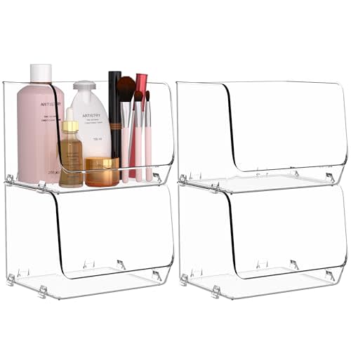 STARLATTA 4 Pack Bathroom Organizer Countertop,Makeup Organizer for Vanity,Bathroom Counter Organizer,Clear Acrylic Organizer, Stackable Storage Bins Open Front, Desk Organization