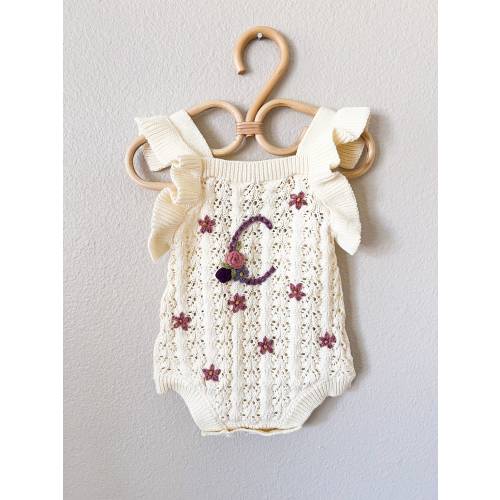Custom Hand Embroidered Knit Romper, Custom Romper, Name Romper, Milestone, children’s clothes, gift, summer, fruit, berries, initial