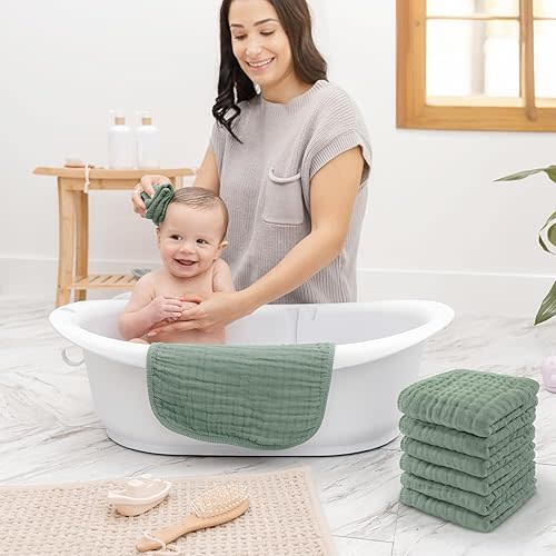 Comfy Cubs Muslin Baby Washcloths 10 Pack - Soft 6-Layer Cotton Wash Cloths for Sensitive Skin - 10"x10" Large, Gentle, Absorbent Infant Essentials for Newborn and Toddlers - (Fern)