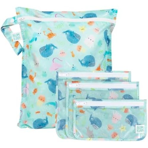Bumkins Waterproof Wet Bag and Packing Pouches, TSA Airline Compliant, Pack for Baby, Travel, Swim Suit, Cloth Diapers, Pump Parts, Pool, Gym Clothes, Toiletry, Daycare, Zip Bag, 4-pc Ocean Life Blue