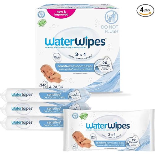 WaterWipes Sensitive+ Newborn & Baby Wipes, 3-In-1 Cleans, Cares, Protects, 99.9% Water, Unscented & Hypoallergenic, 240 Count (4 Packs)