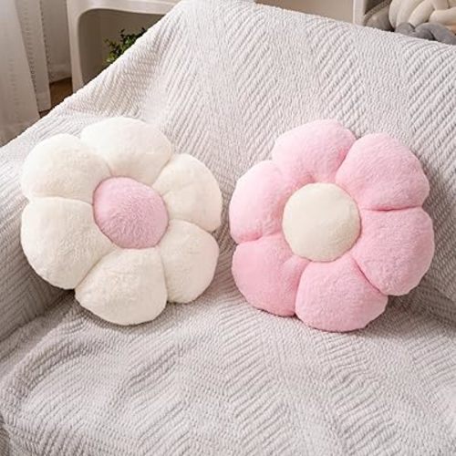 2 Pcs Flower Pillow Cute Pink Throw Pillows Daisy Flower Shaped Floor Cushions Set, Preppy Decorative Throw Pillows for Girls Bed Bedroom Couch Decor (White & Pink, 15 INCH)