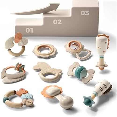 Evoceler Softness Staged Teething Toys (30° Super Soft, 50° Soft, 70° Regular) for Baby Teething Relief - 10 Pcs Pacifier-Grade Silicone Rattle Teethers for Babies 2-5, 5-9, 9-18+ Months, BPA Free
