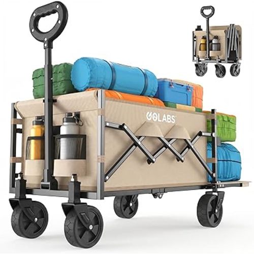 Golabs Collapsible Wagon Cart Max 350lb Load & Expandable Storage 100L, Double Bearing Design for Flexible Steering, Foldable Heavy Duty Garden Cart with 2 Cup Holders for Groceries, Garden & Camping