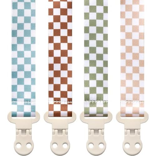 Baby Pacifier Clip Holder - Girl or Boy Unisex 4 Pack Gift Set – Neutral Modern Retro Checker Green Blue Brown Beige