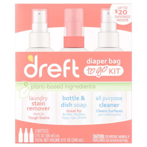 Dreft Diaper Bag To Go Kit Baby Essentials Gift Set with Laundry Stain Remover, Bottle Soap, and Surface Cleaner, Travel Size, 3 Pieces