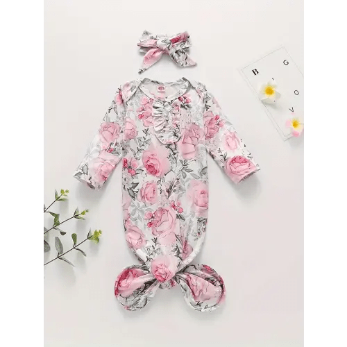 girls' long sleeve floral print romper soft pink white round - Temu