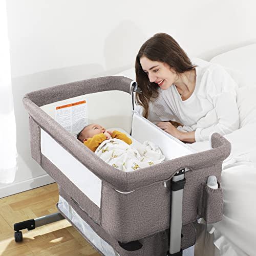 Ihoming Baby Bassinet Bedside Sleeper, Baby Bed Side Crib with Storage Basket, Easy Folding Bassinets, Adjustable Baby Bed for Infant Newborn, Khaki