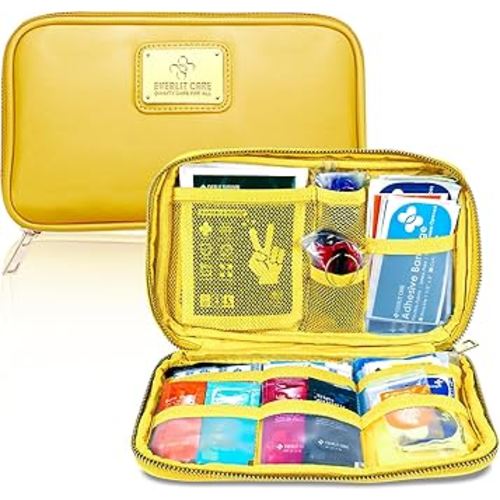 Car First Aid Kit Sun Visor Multi-Pocket Visor Organizer Storage Pouch with Survival Emergency Tools Including Window Breaker Disposable Urine Bag for Family Travel in Cars (Yellow)