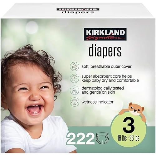 Kirkland Signature Diapers, Size 3 (16-28 Pounds), 222 Count