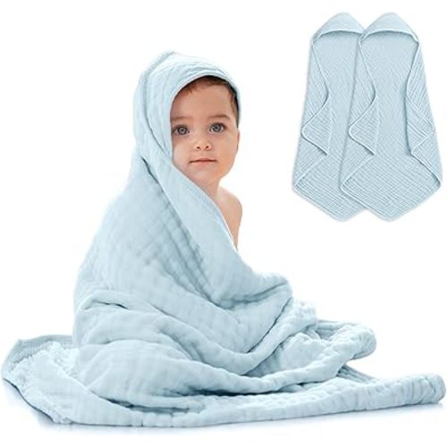 Comfy Cubs Hooded Baby Towel 2-Pack, Large 32 x 32 Inch - 6 Layer 100% Muslin Cotton for Babies, Toddlers and Kids - Soft & Absorbent Baby Bath Towels - Unisex Design for Bath Time - Sky Blue