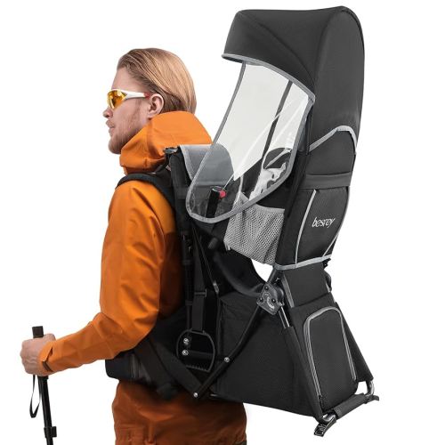 besrey Baby Backpack Carrier, Toddler Hiking Backpack with Safety 3-Height Seat, Adjustable Straps&Waist Belt, Foldable Frame Lightweight Large Capacity Child Carrier for Hiking (Black/Grey)
