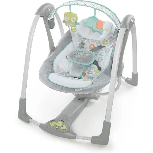 Ingenuity Swing 'n Go 5-Speed Baby Swing - Foldable, Portable, 2 Plush Toys & Sounds, 0-9 Months 6-20 lbs (Hugs & Hoots)