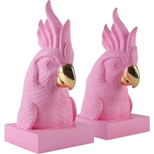 Pink Parrot Decorative Bookends,Set of 2 Cute Bird Animal Sculpture Book Ends to Hold Hevay Duty Books,Unique Resin Statues Book Stopper for Home Office Desk Bookshelf Decor