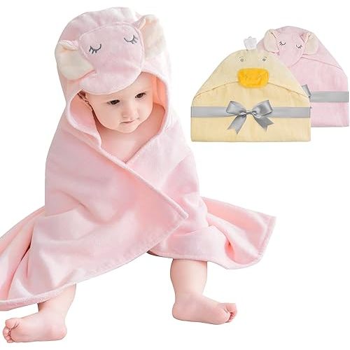 100% Cotton 2 Pack Baby Hooded Towel - Soft Baby Bath Towels - Baby Towels with Hood for Baby Girl and Boy Towels for Newborn with Unique Animal Design (Duck & Elephant)