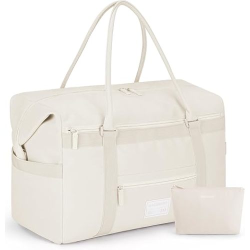 BAGSMART Travel Duffle Bag for Women, Multi Pockets Carry On Weekender Overnight Bag, Large Travel Tote Bag for Personal Items, Beige