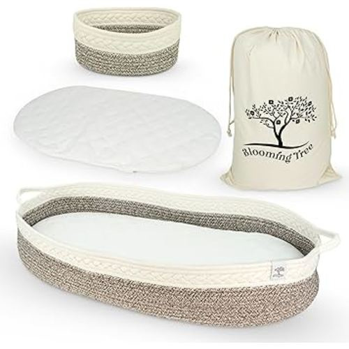 Baby Changing Basket – Boho Baby Basket for Dresser – Woven Diaper Changing Basket – 2 Water Resistant Pad Covers - Boho Nursery Decor - 100% Cotton Rope - Moses Basket - Portable Changing Station.