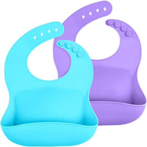 WeeSprout Waterproof Silicone Baby Bibs (Set of 2) | Pocket to Catch Food