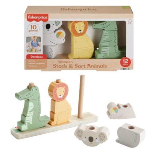 Fisher-Price Wooden Stack & Sort Animals Stacking Toy for Development Play, Baby & Toddler 1Y+, 10 Pcs
