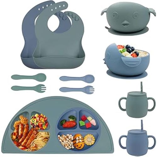 Silicone Baby Feeding Set, Baby Led Weaning Supplies, Divided Baby Plates Bowls with Sucntion, Adjustable Bibs Soft Spoon Fork Utensil, Sippy Cups, Infant Self Eating Utensil (Sage/Ether)