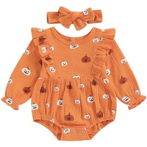 Fall Baby Girl Clothes Pumpkin Long Sleeve Bubble Romper Ruffle Bodysuit Jumpsuit Halloween Outfit with Headband
