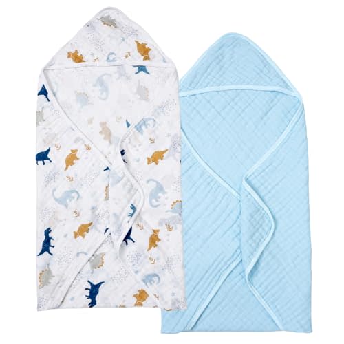 PHF 2 Pack Baby Hooded Towels, 100% Muslin Cotton Baby Bath Towel with Hood for Newborn, Infant, Toddler, Ultra Soft and Absorbent Baby Essentials Bath Towels for Boys, 32x32Inch, Dinosaur