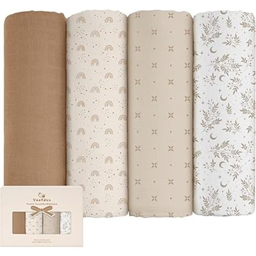 Yoofoss Muslin Swaddle Blankets, 4-Pack Receiving Blankets for Baby Boys and Girls, 47 x 47 Inches Baby Blankets Neutral Swaddle Wrap 70% Rayon from Bamboo and 30% Cotton