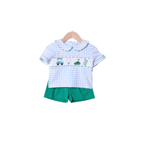 Smocked Hole in One Blue Gingham Short Set