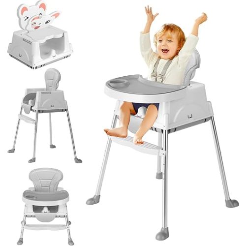 Baby High Chair, 6 in 1 Convertible High Chairs for Babies and Toddlers, Toddler Feeding Chair with Double Removable Tray, Adjustable Footrest & Machine Washable Cushion(Grey)