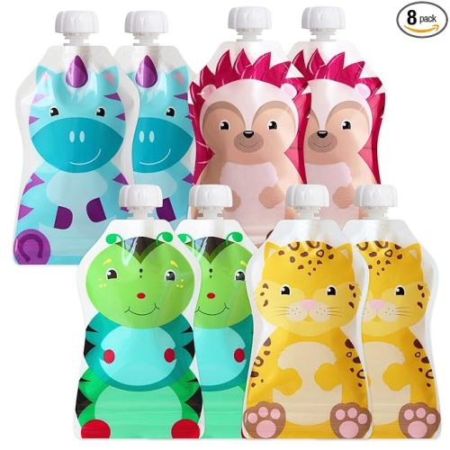 ChooMee Reusable Baby Food Pouches | BPA Free | Refillable Toddler Squeeze Pouches for Homemade Purees, Applesauce & Yogurt | Double Zipper, Easy Fill & Wide Bottom | 8CT, 5oz SnakPack FreshSquad