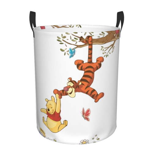 Classic Winnie The Pooh Nursery Storage Basket, Large Barrel Shaped Laundry Hamper With Waterproof PE Coating, Foldable, Bathroom and Bedroom Set, Clothes,Toys Bin-Medium