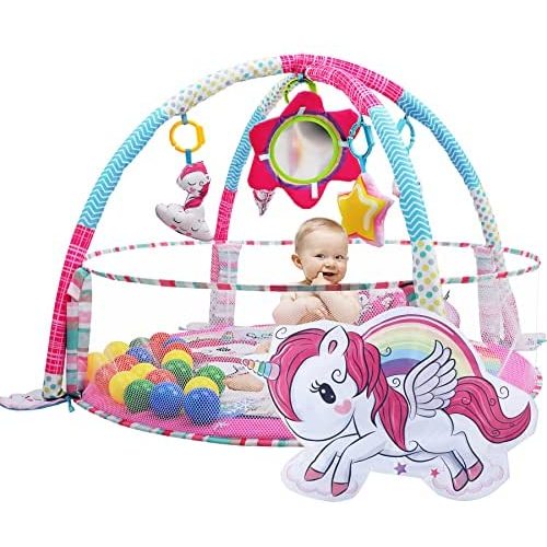 BATTOP Baby Play Mat Activity Gym,4-in-1 Play Gym with Ball Pit,Sensory Toys,Mirror,Head Rest,Cognitive Development Baby Activity Play Mat,Non Slip Tummy Time Mat for Newborns,Babies,Toddlers(Pink)